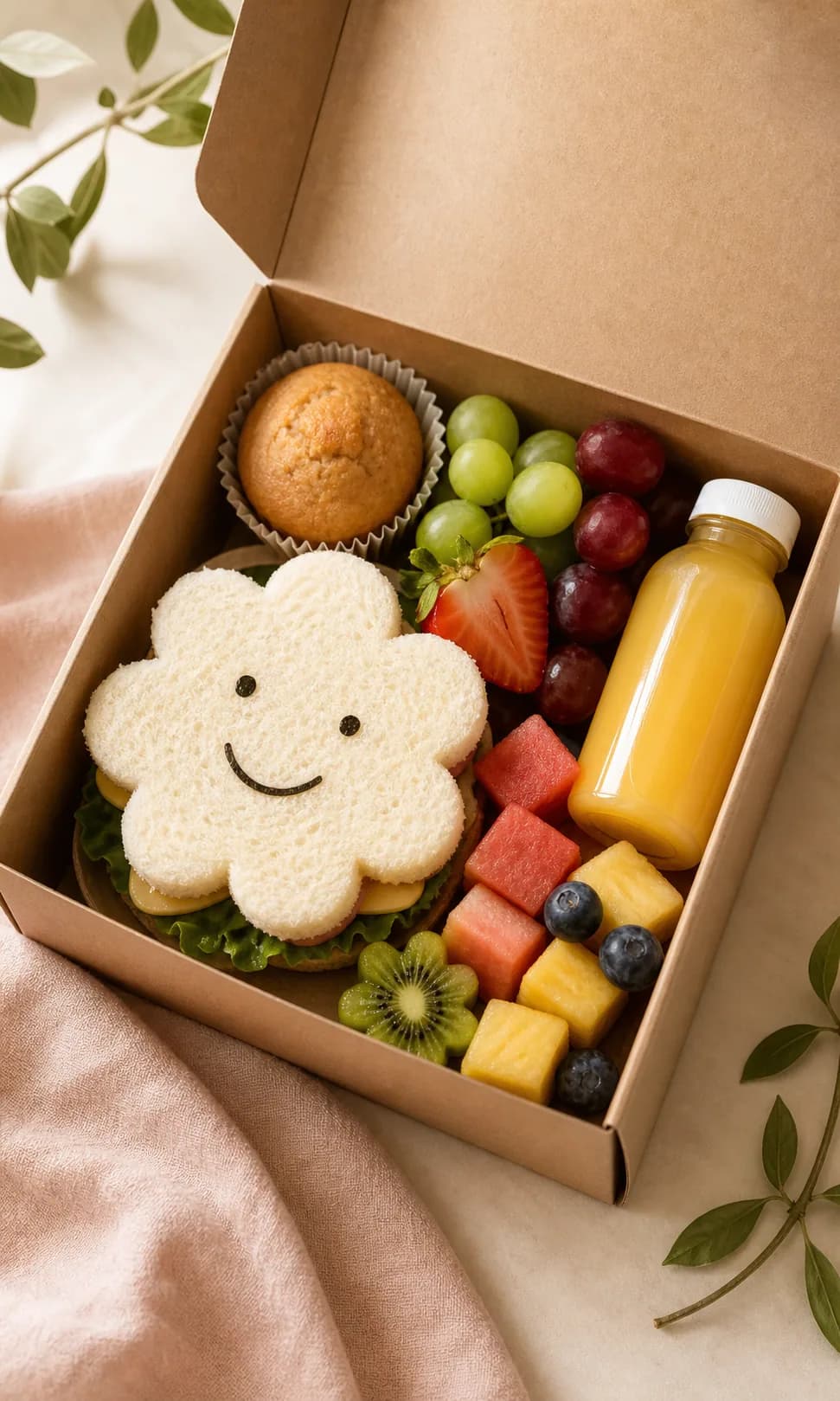 Box lunch infantil con sándwich de flor, fruta y bebida