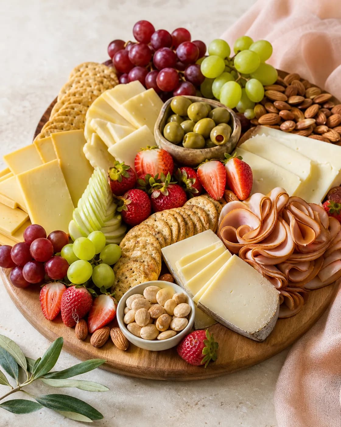 Tabla de charcutería con quesos, fruta, galletas y nueces