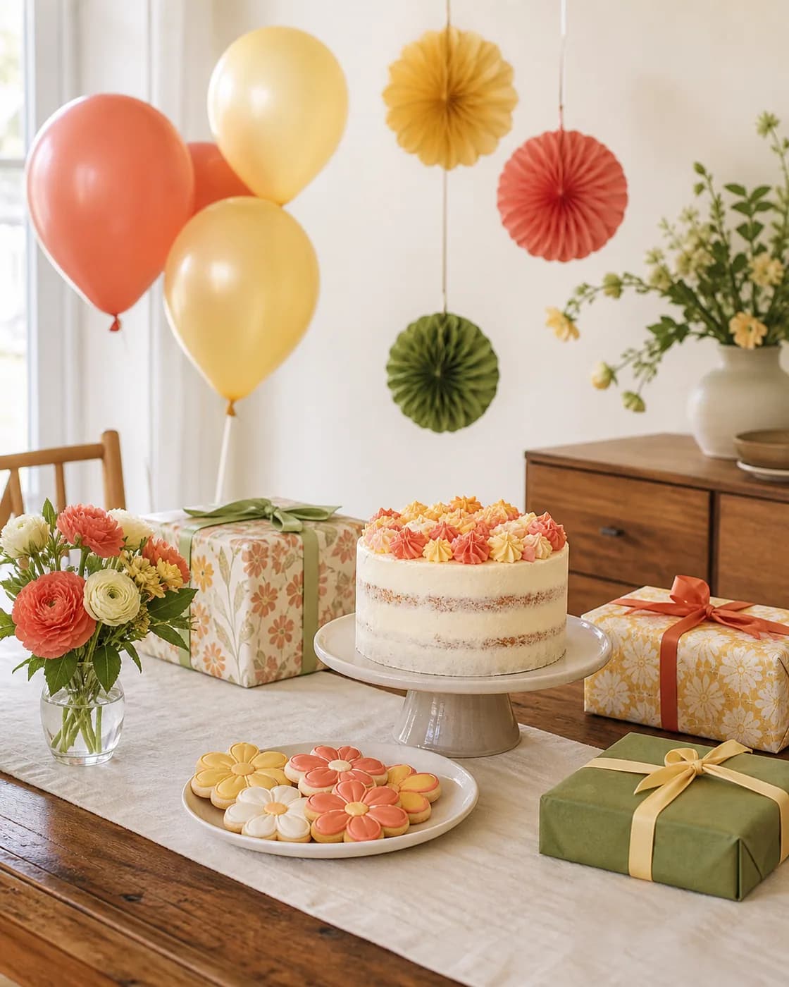 Celebración de cumpleaños en casa con pastel, globos y regalos