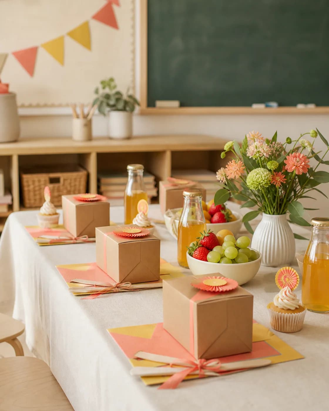 Mesa escolar preparada con box lunches, fruta y cupcakes
