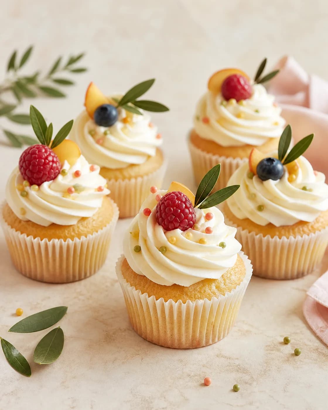 Cupcakes de vainilla decorados con fruta y tonos suaves