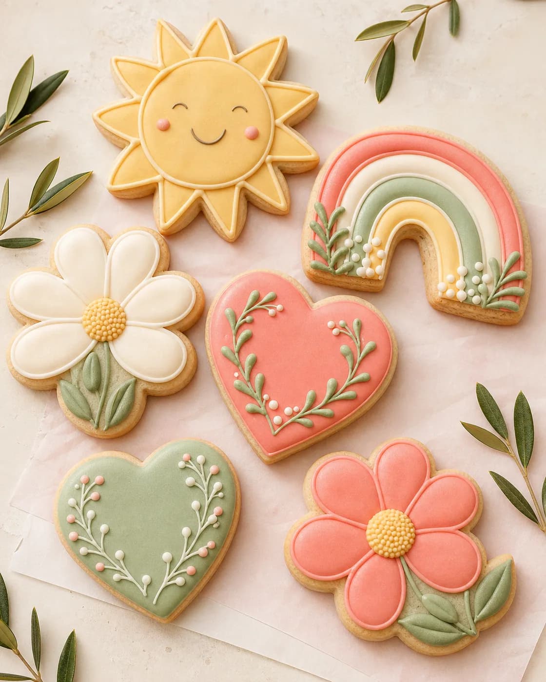 Galletas decoradas con flores, corazones, sol y arcoíris