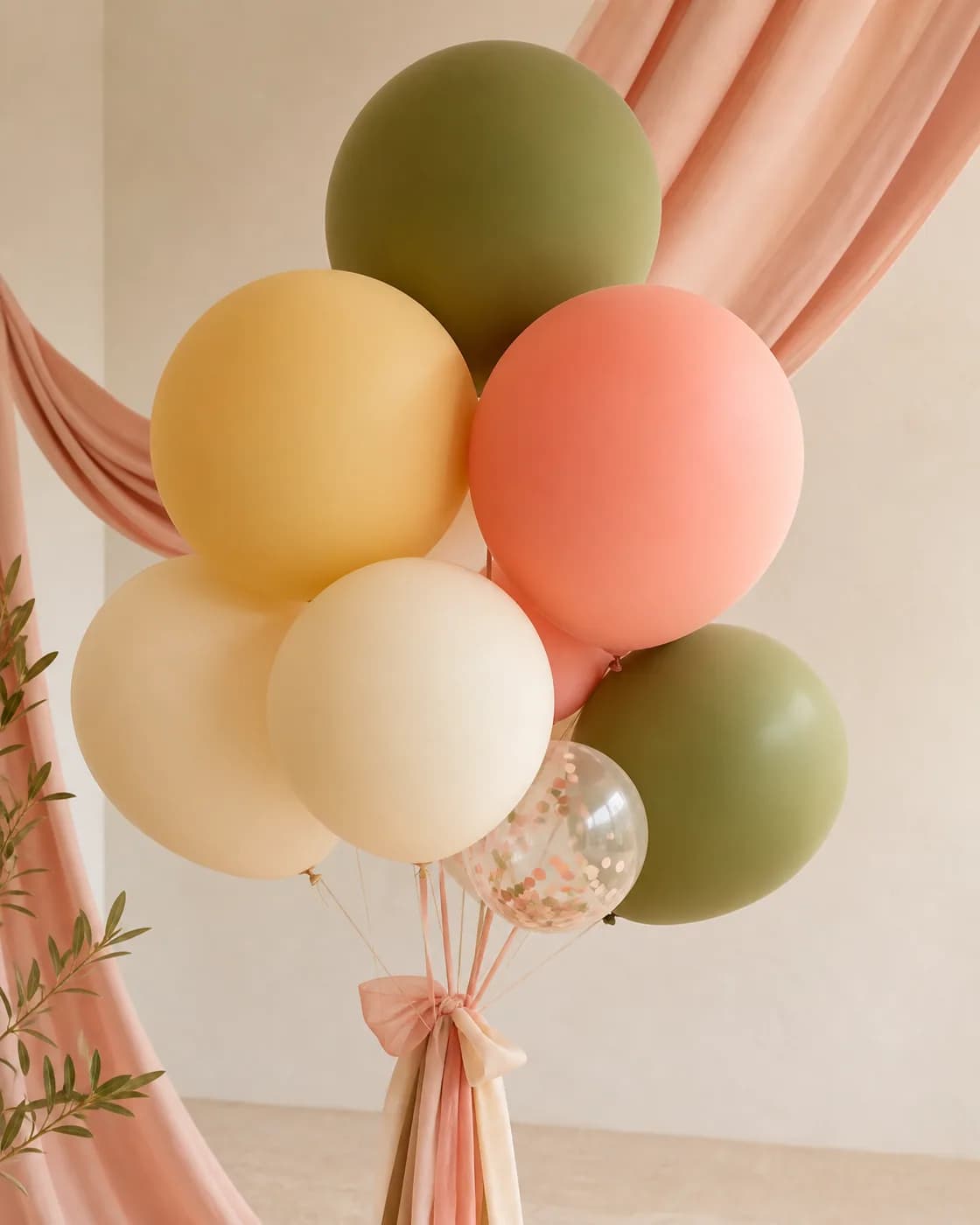 Arreglo de globos en tonos coral, amarillo, crema y oliva