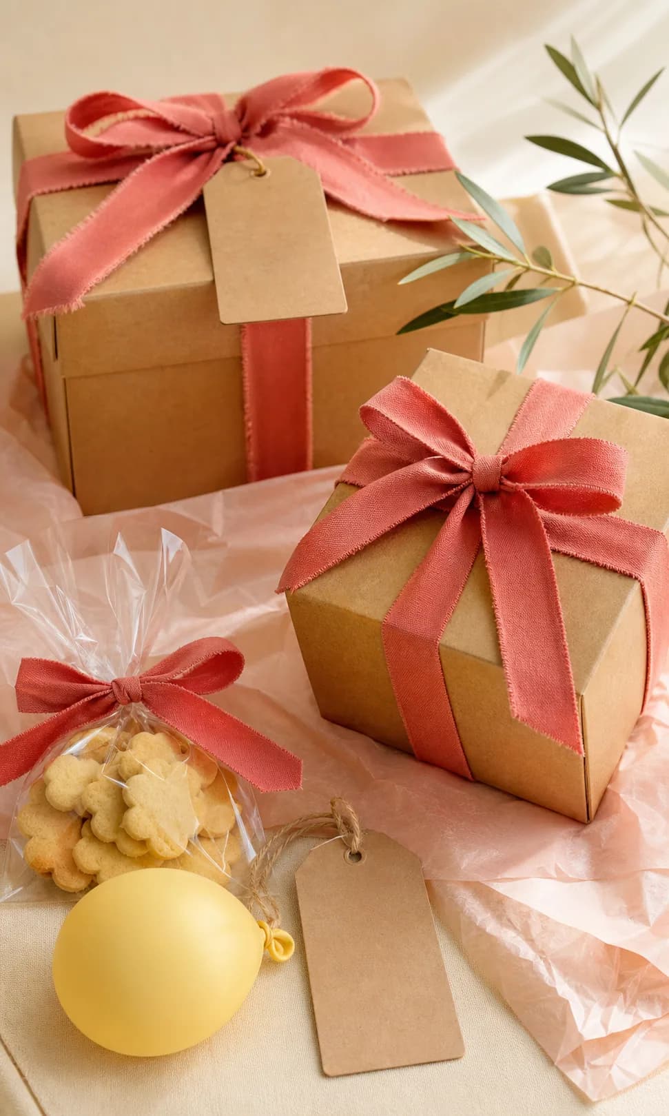 Regalos en cajas kraft con listones coral y galletas